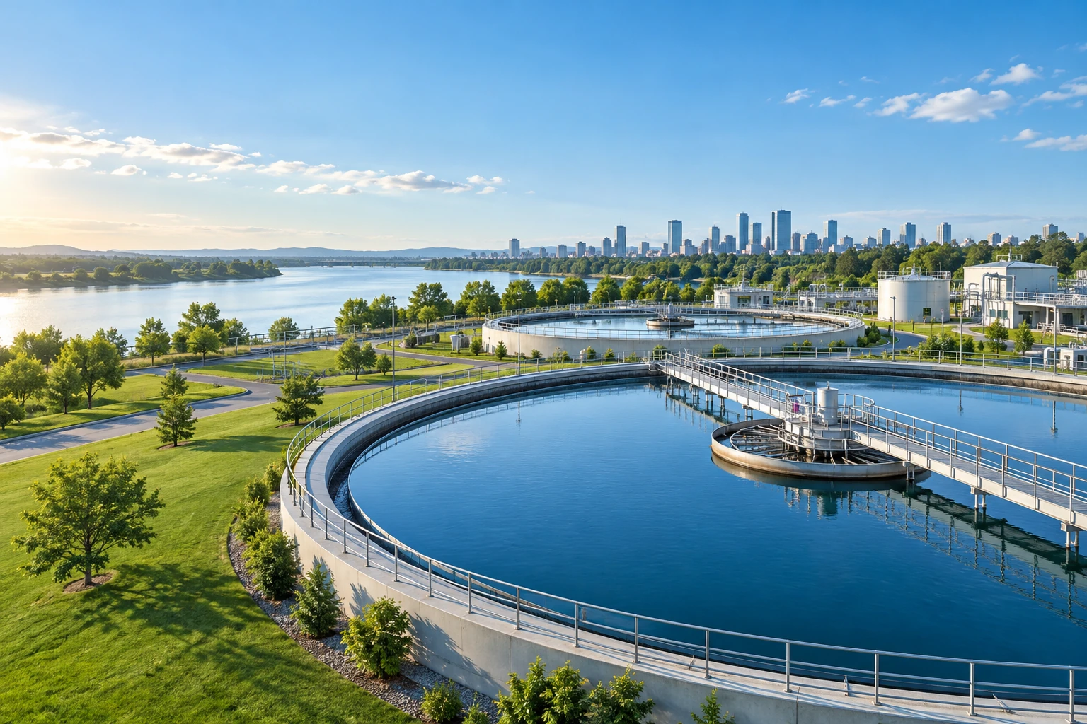 Illustrative water treatment facility with circular tanks and a city skyline